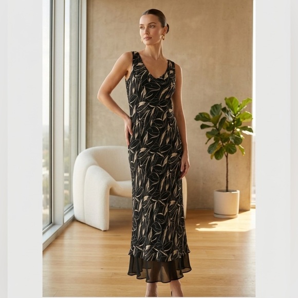 Ice Dresses & Skirts - ICE 100% Silk Maxi Dress Vintage 90s Y2K Floral Leaf Print Chiffon Hem Glam 12